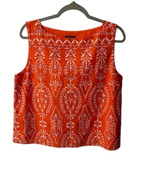 ANN TAYLOR Orange Bold Embroidered Boho Sleeveless Cotton Top Size Medium NWT